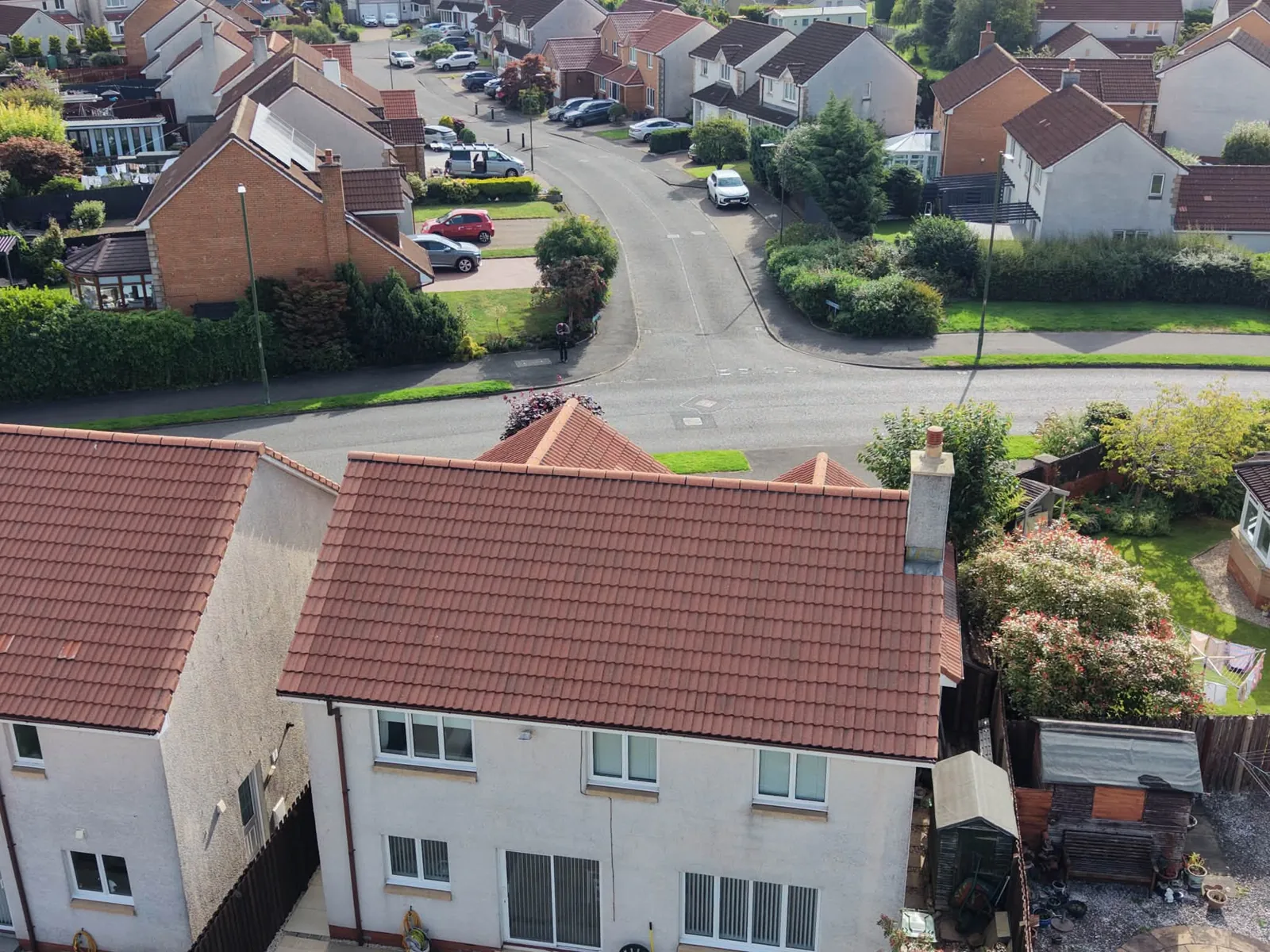 Aerial view of a two-storey home with a red tiled roof in the Falkirk area