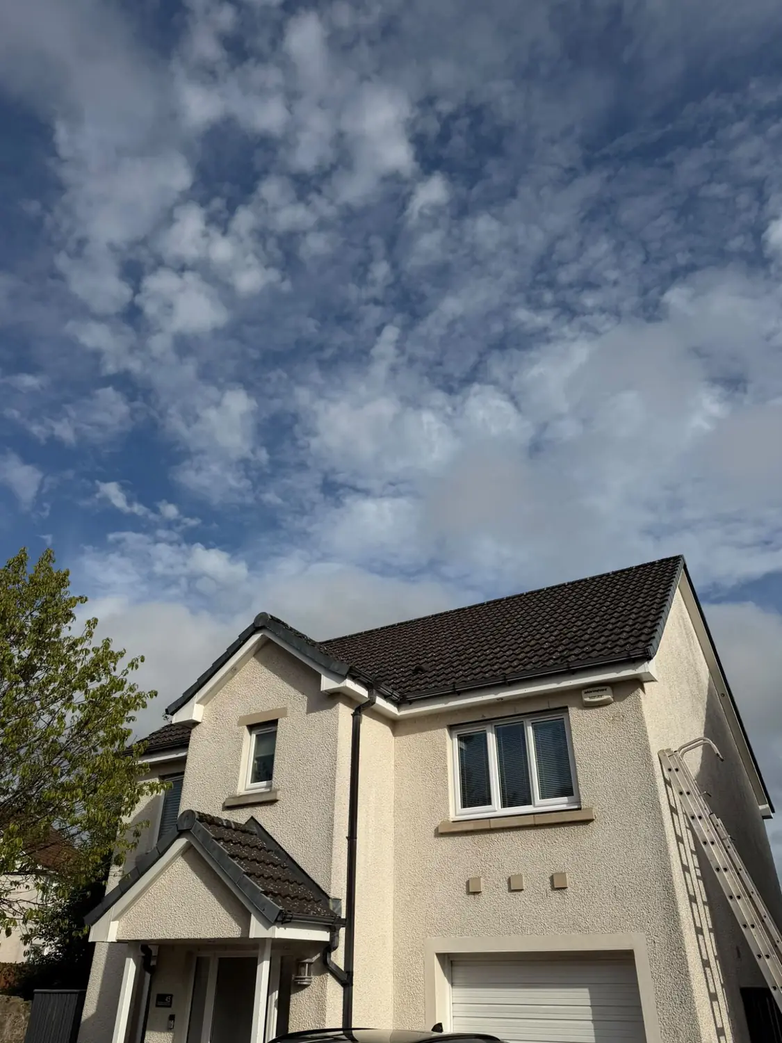 Roofline with white fascias and soffits and black guttering on a detached house